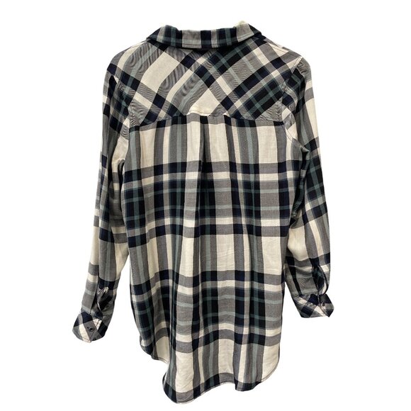 Peyton Jensen Plaid Shirt Size Small Button Front Long Sleeve Navy Blue Preppy - Picture 2 of 6